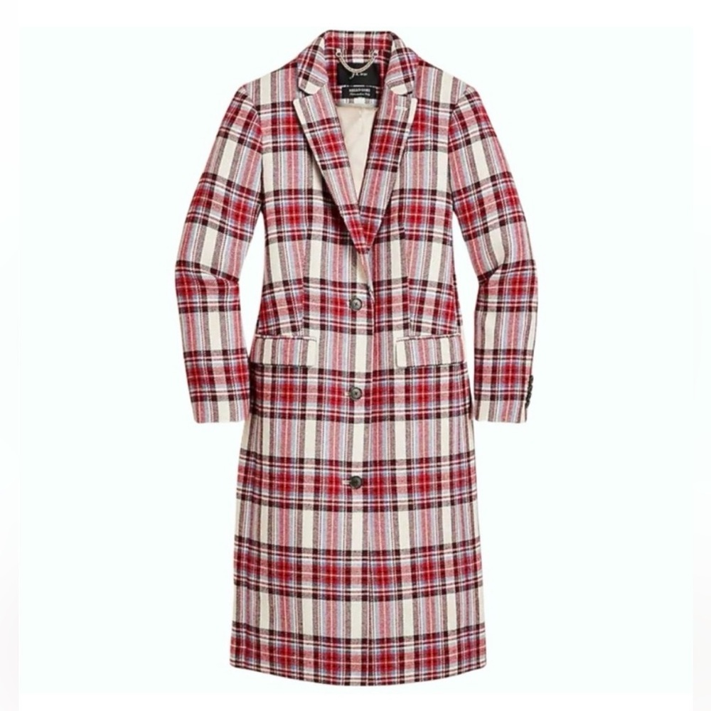 J. Crew Alfie Topcoat in Vintage Plaid Italian Wool Ivory Red Sz 6